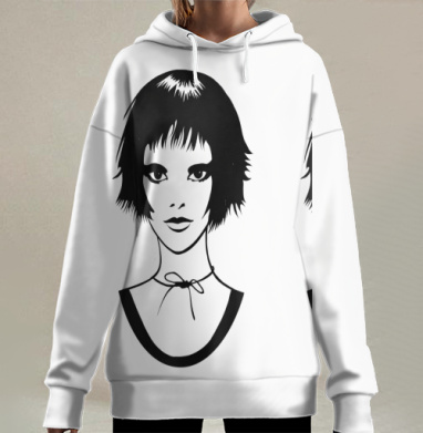 Молодая девушка с короткой стрижкой и шнурком на шее, Hoodie Long Oversize 3D