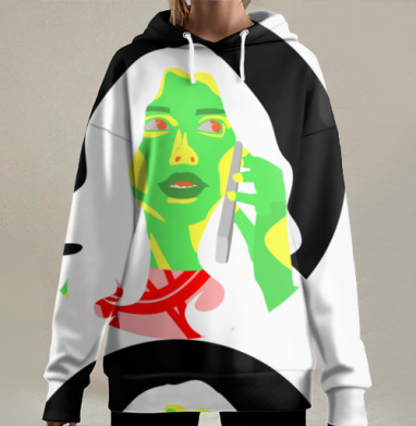 Яркая женщина разговаривает по телефону в кислотных цветах, Hoodie Long Oversize 3D