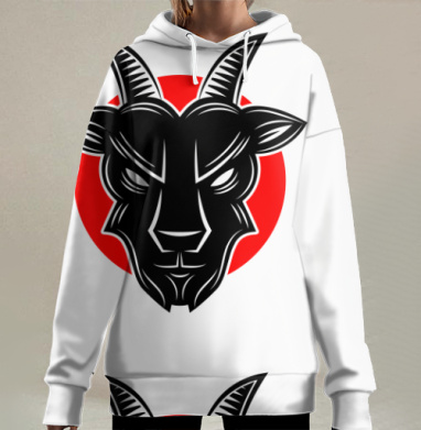 Черная голова козла на красном фоне на сером фоне, Hoodie Long Oversize 3D