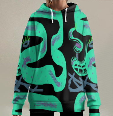 Большой абстрактный профиль человека в бирюзовом цвете внутри лица, Hoodie Long Oversize 3D