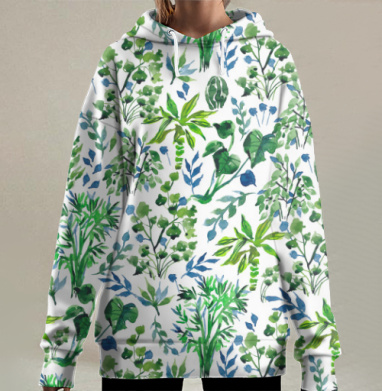 Акварельный паттерн с растительными мотивами, Hoodie Long Oversize 3D
