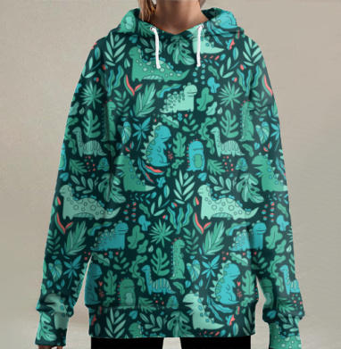 Милый бесшовный рисунок с динозаврами и листьями, Hoodie Long Oversize 3D