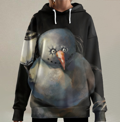Снеговик с фонарём зимний мистический свет в ночи, Hoodie Long Oversize 3D