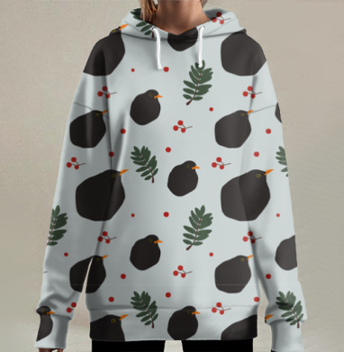 Черные дрозды красные ягоды темный лес, Hoodie Long Oversize 3D
