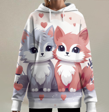 Пара милых котов в любви и гармонии вместе, Hoodie Long Oversize 3D