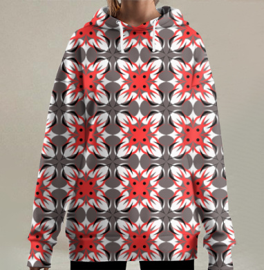 Красно бело черные геометрические узоры на сером фоне, Hoodie Long Oversize 3D