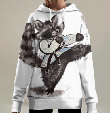 Енот в каратэ кимоно удар ногой мастерство, Hoodie Long Oversize 3D