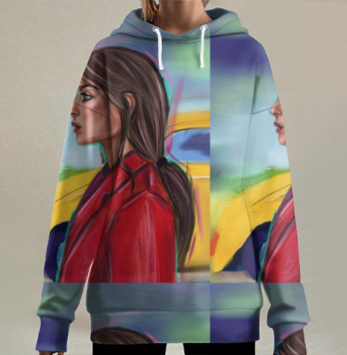 Женщина в красном пальто на фоне желтого автомобиля, Hoodie Long Oversize 3D