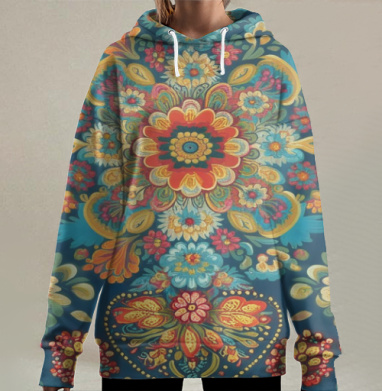 Русский цветочный орнамент в традиционном стиле русском фольклоре, Hoodie Long Oversize 3D