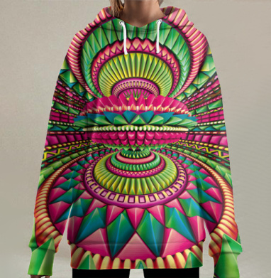 Психоделический фрактальный тоннель с неоновыми волнами, Hoodie Long Oversize 3D