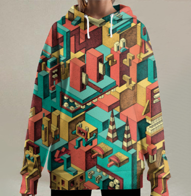 Сюрреалистический изометрический лабиринт с лицами, Hoodie Long Oversize 3D