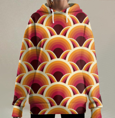 Геометрический паттерн с кругами и волнами в тёплых оттенках, Hoodie Long Oversize 3D