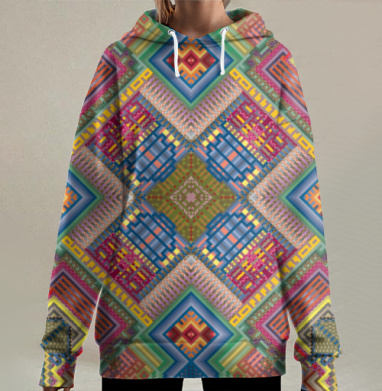 Сложная симметричная мандала в пиксельном стиле, Hoodie Long Oversize 3D