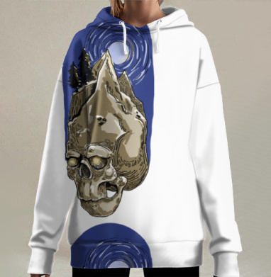 Голова череп гора под луной в ночном небе, Hoodie Long Oversize 3D