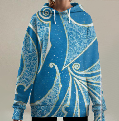 Глубокие волны синего океана с золотыми бликами, Hoodie Long Oversize 3D