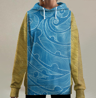 Голубые волны золотом обрамлены волны золотом, Hoodie Long Oversize 3D
