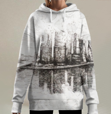 Индустриальный завод дымящий над водой действия на природе, Hoodie Long Oversize 3D