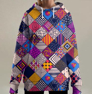 Эклектичный калейдоскоп узоров в ярких цветах, Hoodie Long Oversize 3D