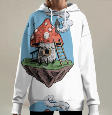 Грибной домик на парящем острове – уют и сказка, Hoodie Long Oversize 3D