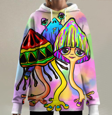 Красочные грибные существа идут абстракция в другом измерении, Hoodie Long Oversize 3D