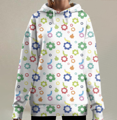 Гусеницы среди цветов жизнерадостные на сером фоне, Hoodie Long Oversize 3D