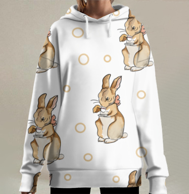 Кролики с чашками в теплых тонах на белом фоне, Hoodie Long Oversize 3D
