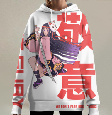 Девушка Истребитель Демонов с Катаной В Боевом Позе, Hoodie Long Oversize 3D