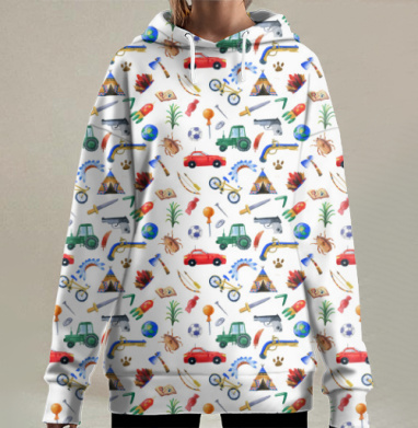 Детский акварельный паттерн приключений и игр, Hoodie Long Oversize 3D