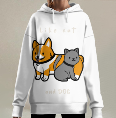 Дружба кота и собаки в забавной минималистичной сцене, Hoodie Long Oversize 3D