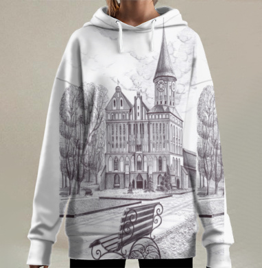 Старая крепость с часами и пустая скамейка в парке, Hoodie Long Oversize 3D