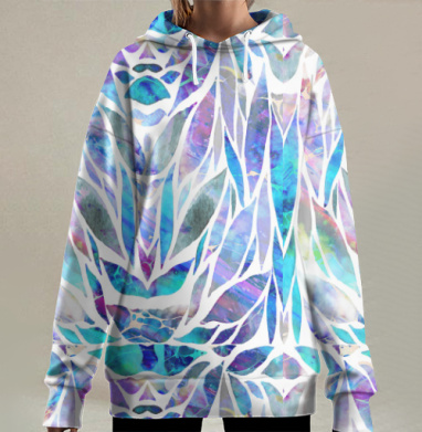 Абстрактные голубые цветы бирюзовые листья в светлой палитре, Hoodie Long Oversize 3D