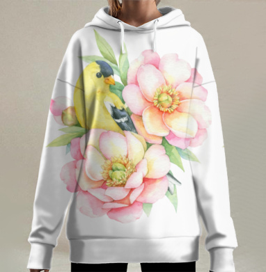 Нежная птица среди розовых цветов, Hoodie Long Oversize 3D