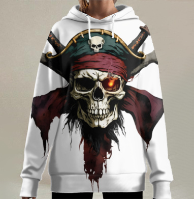 Череп пирата с огненным глазом и катанами, Hoodie Long Oversize 3D
