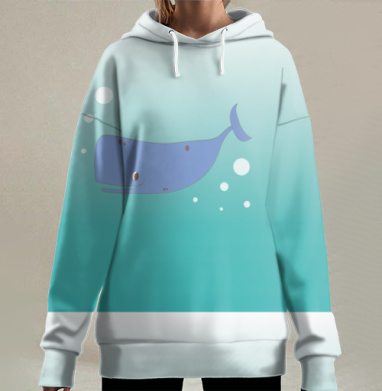 Голубой кит плывет среди пузырьков для детских изделий, Hoodie Long Oversize 3D