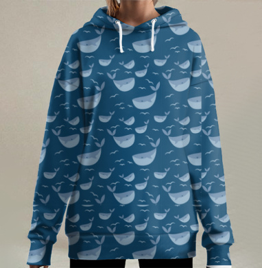 Плавание китов с птицами в спокойном синем море, Hoodie Long Oversize 3D