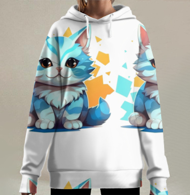 Синий котёнок с веселым выражением лица в яркой композиции, Hoodie Long Oversize 3D