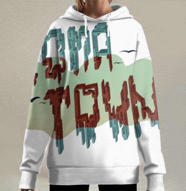 Разрушенный город темно бордовый голубой зеленый незабываемый, Hoodie Long Oversize 3D