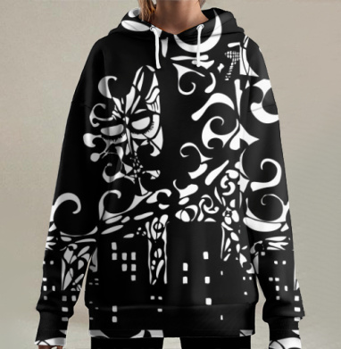 Ночная королева над городом черно-белая графика, Hoodie Long Oversize 3D