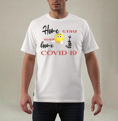 Оставайтесь дома COVID 19 надпись желтый смайлик, Футболка мужская REGULAR белая