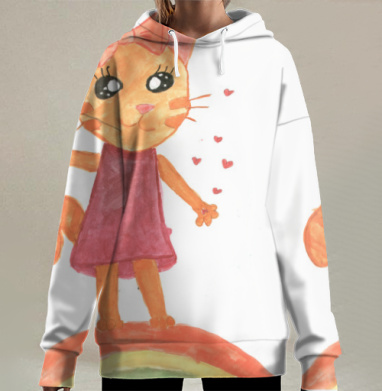 Оранжевая кошка с бантом на радуге машет рукой, Hoodie Long Oversize 3D
