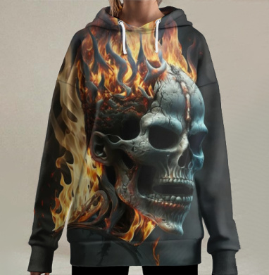 Череп в огне с пламенем на черном фоне, Hoodie Long Oversize 3D