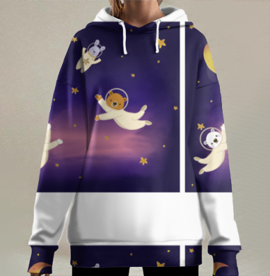 Космические медведи заяц в невесомости ночного неба, Hoodie Long Oversize 3D