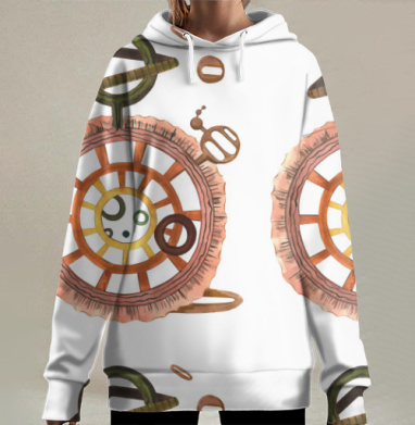 Механизм времени в акварели с зелёным коричневым жёлтым, Hoodie Long Oversize 3D