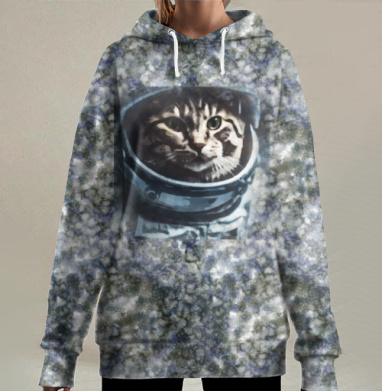 Кот космонавт в скафандре темно синем в космосе, Hoodie Long Oversize 3D