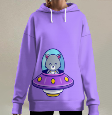 Кот в летающем блюдце в космосе кот в летающем блюдце, Hoodie Long Oversize 3D