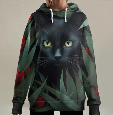 Чёрный кот среди зелёных листьев и красных цветов в природе, Hoodie Long Oversize 3D