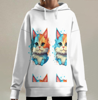 Яркий голубой оранжевый кот лицо мордочка, Hoodie Long Oversize 3D