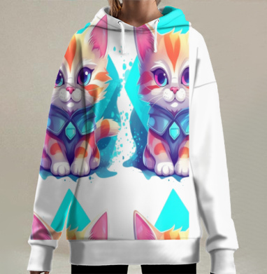 Милый рыжий котенок в синем костюме для детей, Hoodie Long Oversize 3D