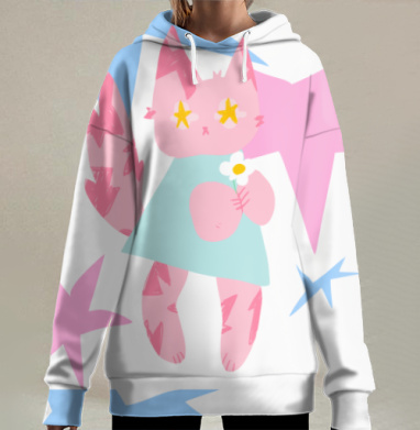 Котенок с цветочком приносит поддержку и вдохновение, Hoodie Long Oversize 3D