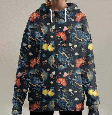 Роскошный паттерн морских обитателей и цитрусов, Hoodie Long Oversize 3D